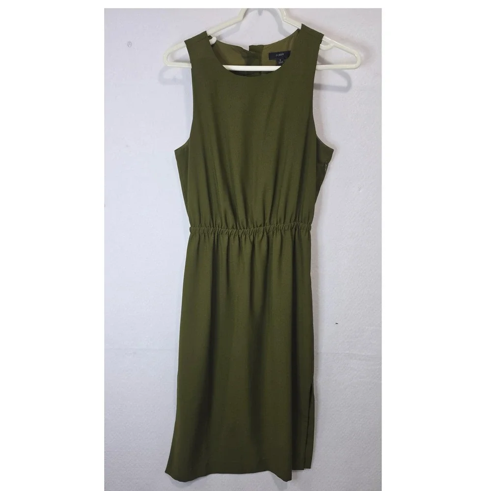 J.Crew Olive Green Sleeveless Elastic Waist Midi Dress with Back Buttons Size 2